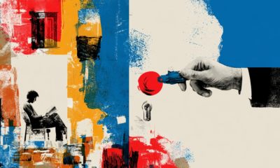 Ilustración en collage de una mano cambiando la cerradura de una puerta mientras alguien sigue leyendo adentro, sin darse cuenta.