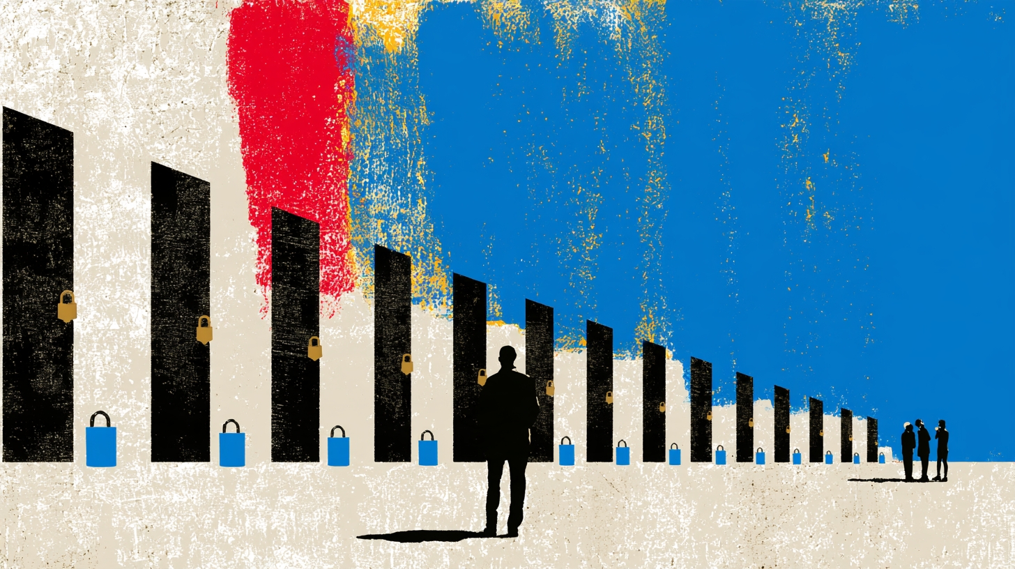Ilustración de una hilera de puertas con el mismo candado viejo y una caja azul con una cerradura nueva sin abrir frente a cada una.