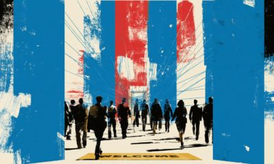 Ilustración en collage de personas que entran por un portón abierto y quedan unidas por hilos azules frente a un torniquete diminuto de salida.