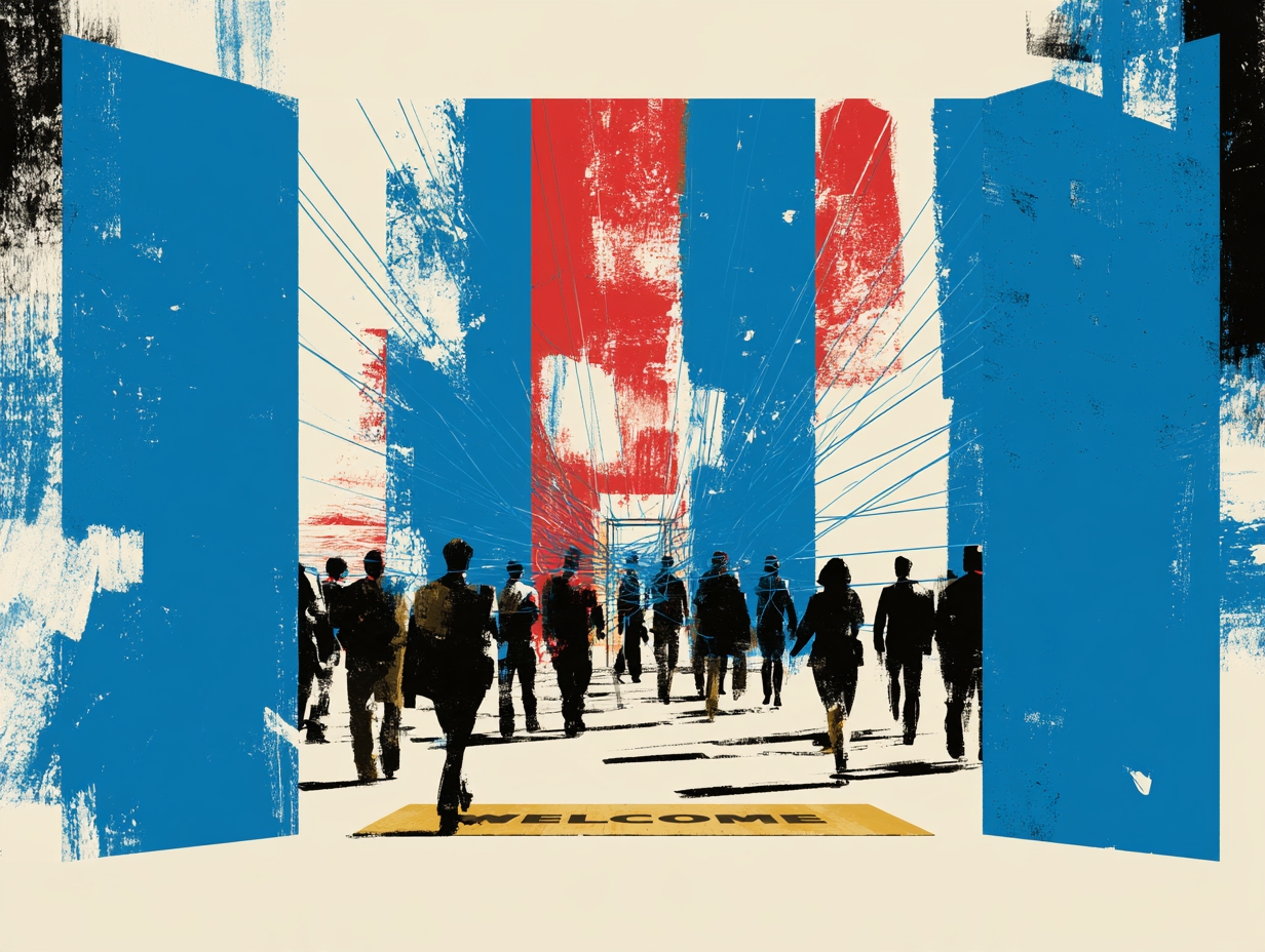 Ilustración en collage de personas que entran por un portón abierto y quedan unidas por hilos azules frente a un torniquete diminuto de salida.
