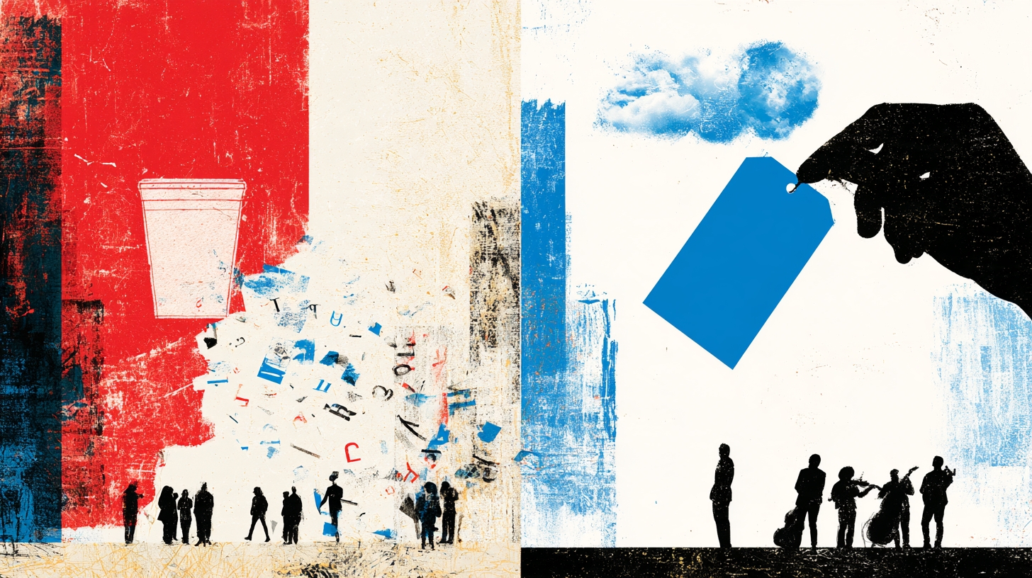 Ilustración de una etiqueta que se despega de un recipiente y se deshace en letras, frente a una mano gigante que pega una etiqueta azul sobre una nube con forma de palabra.